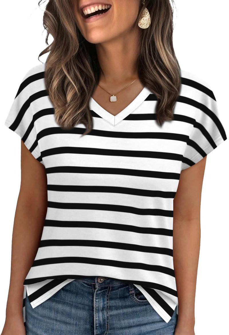 WIHOLL Womens Summer Basic Tops Business Casual Loose Fit V Neck Striped T Shirts Short Sleeve Summer Cute Outfits Dressy Soft Clothing Trendy 2026 Fashion Flowy Vacation Tee L - Image 1