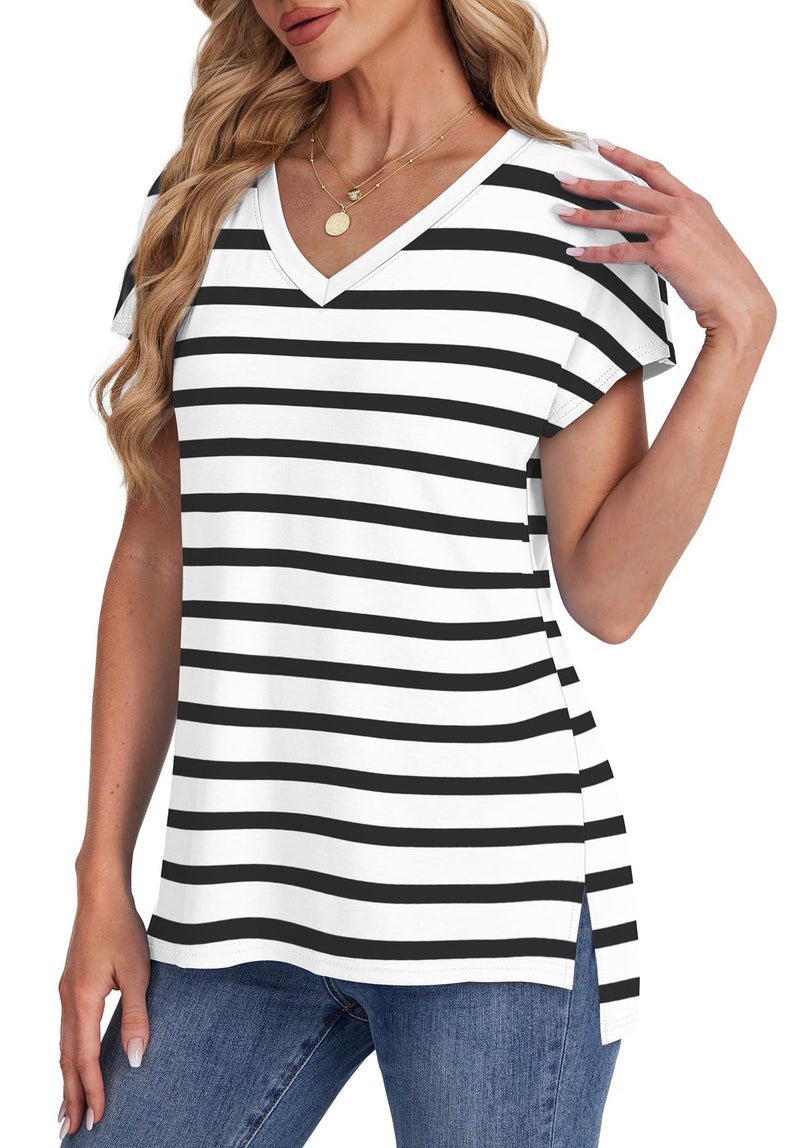 WIHOLL Womens Summer Basic Tops Business Casual Loose Fit V Neck Striped T Shirts Short Sleeve Summer Cute Outfits Dressy Soft Clothing Trendy 2026 Fashion Flowy Vacation Tee L - Image 4