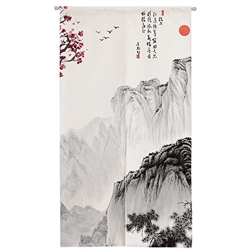 Ofat Home Chinese Ink Landscape Noren Curtain 33.5" W x 59" L, Mountain & Plum Blossom Oriental Painting Hanging Curtain for Doorway, Zen Style Fabric Home Decor - Image 1