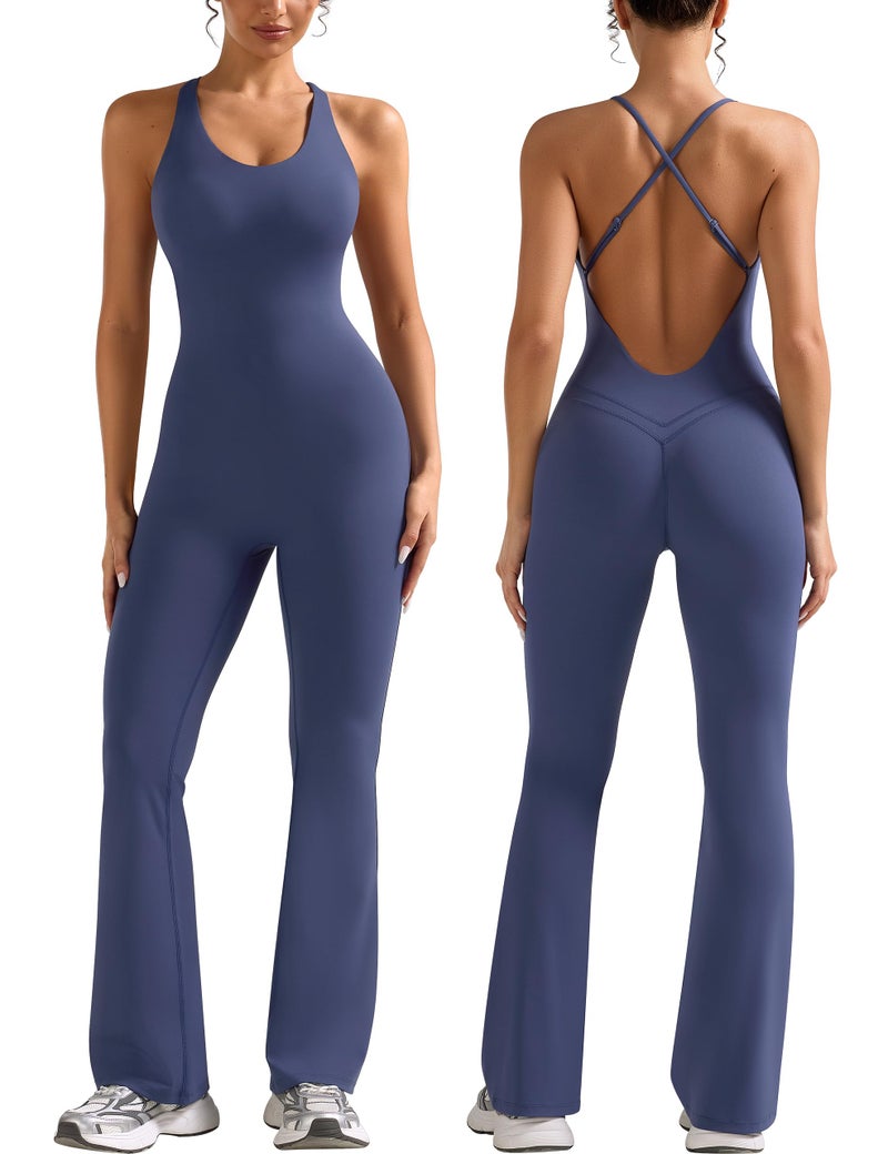 Relety Womens Flare Workout Jumpsuits Scoop Neck Strappy Backless Tummy Control One Piece Yoga Gym Leggings Padded Rompers - Navy Medium - Image 1
