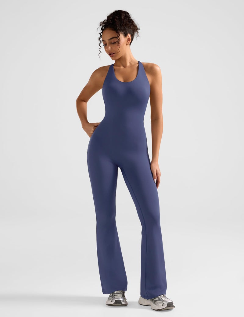 Relety Womens Flare Workout Jumpsuits Scoop Neck Strappy Backless Tummy Control One Piece Yoga Gym Leggings Padded Rompers - Navy Medium - Image 2