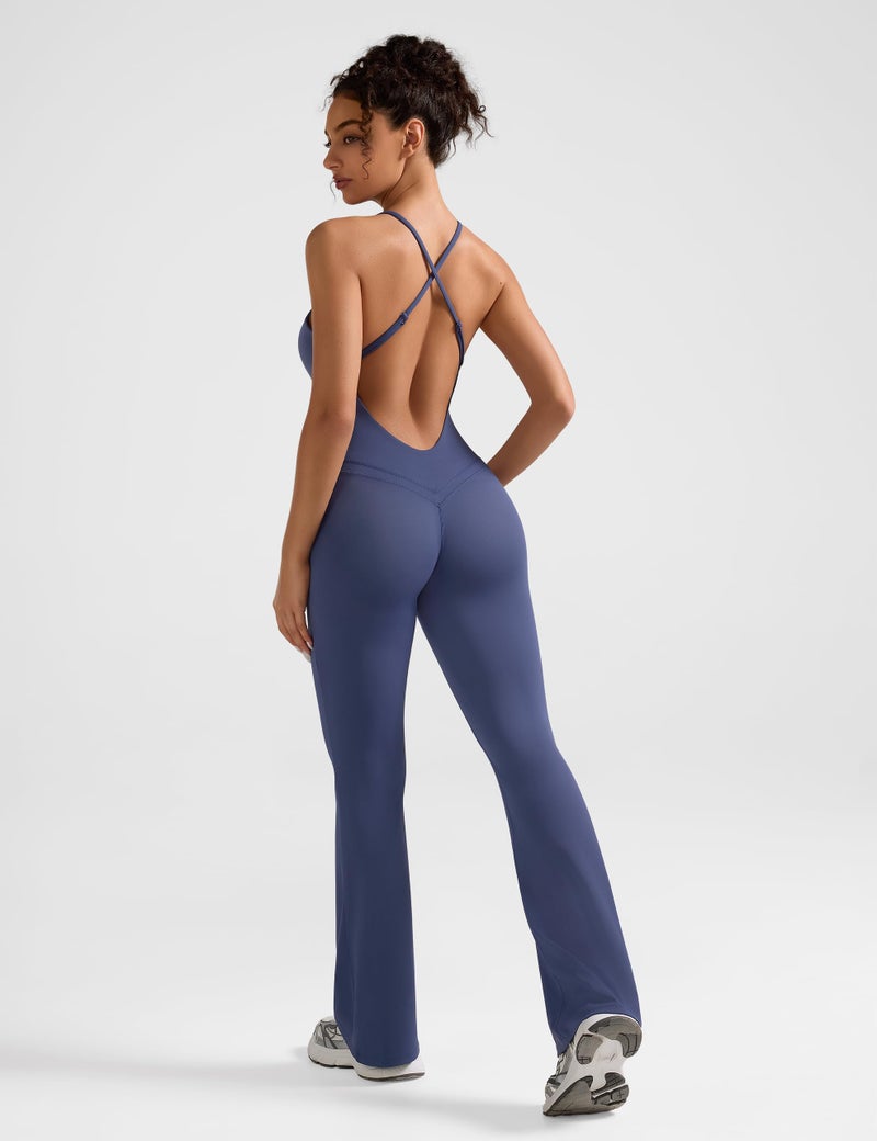 Relety Womens Flare Workout Jumpsuits Scoop Neck Strappy Backless Tummy Control One Piece Yoga Gym Leggings Padded Rompers - Navy Medium - Image 3