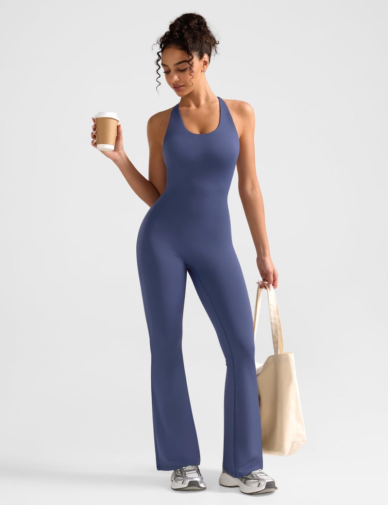 Relety Womens Flare Workout Jumpsuits Scoop Neck Strappy Backless Tummy Control One Piece Yoga Gym Leggings Padded Rompers - Navy Medium - Image 4