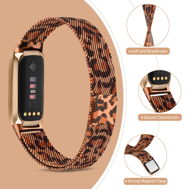 Vanjua Metal Band for Fitbit Luxe Bands Women Men, Stainless Steel Mesh Loop Adjustable Magnetic Wristband Replacement Strap Compatible with Fitbit Luxe Fitness and Wellness Tracker (Leopard) - Image 3