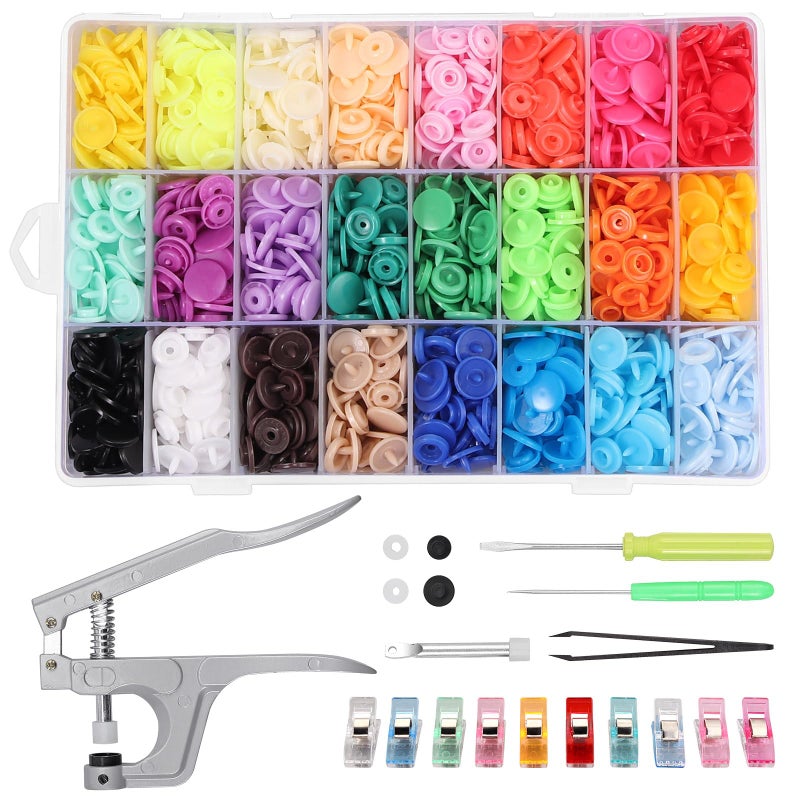 Kamtop Snaps and Snap Pliers Set 408 Sets T5 Plastic Snap Buttons 24 Colors Snap Fasteners Snap Press Pliers Snaps Starter Kit Snap Setter Tool for Clothes Sewing Bibs Rain Coat DIY Crafting