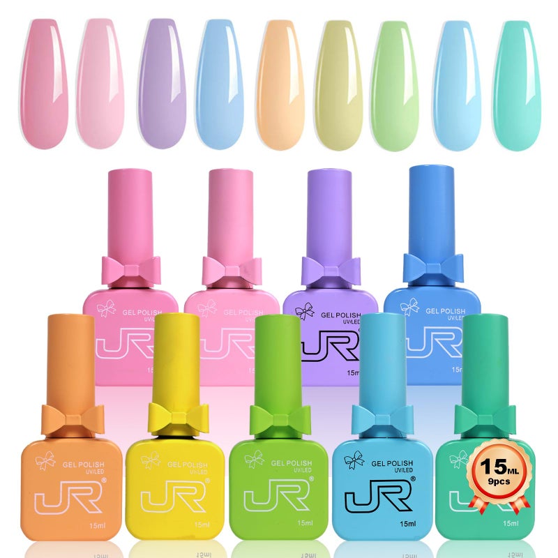 JR 9pcs 15ml Spring Gel Nail Polish Set Macaron Color Light Red Pink Nude Pastel Gel Polish Kit UV LED Soak Off Polish Home DIY Gel Polish Set - Image 1