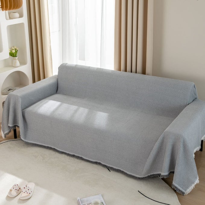 SOFA THROWS LARGE 3 SEATER WAFFLE THROWS FOR SOFAS LARGE SOFA COVER 3 SEATER REVERSIBLE COTTON THROW BLANKET WITH TASSELS 180X300CM LIGHT GREY