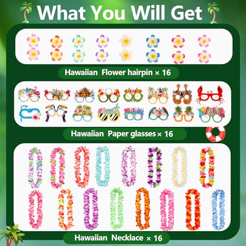 Atonofun 48 PCS Leis for Luau Party, Hawaiian Leis Bulk, Luau Party Glasses, Flowers Hair Clip Tropical Birthday Summer Beach Luau Party Favors Supplies - Image 2