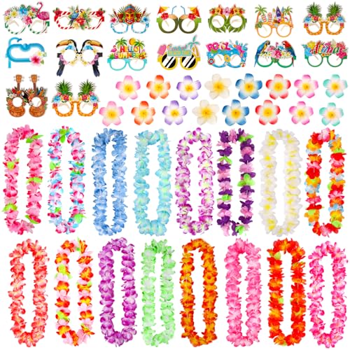 Atonofun 48 PCS Leis for Luau Party, Hawaiian Leis Bulk, Luau Party Glasses, Flowers Hair Clip Tropical Birthday Summer Beach Luau Party Favors Supplies - Image 1