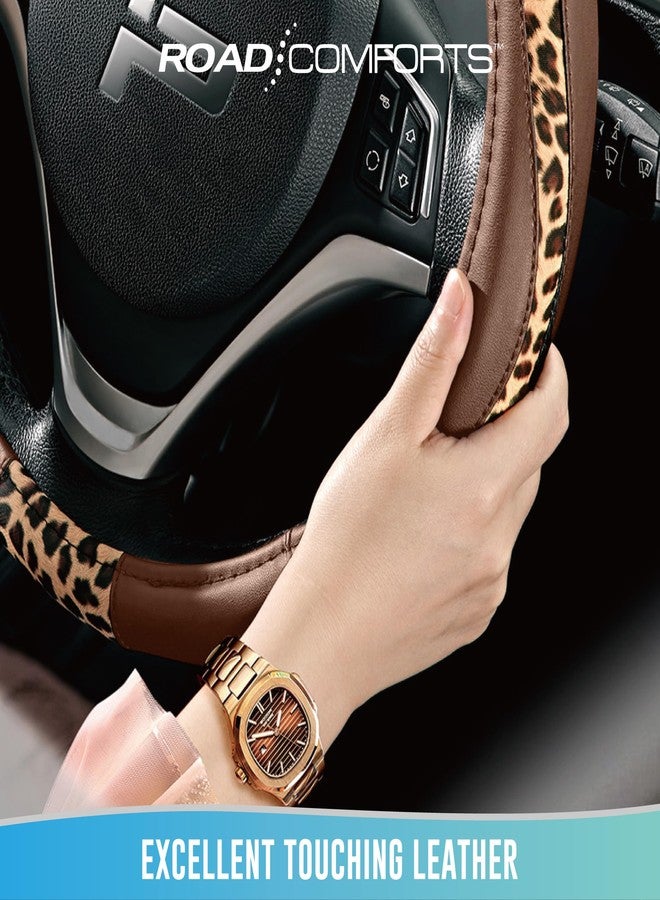 Road Comforts Steering Wheel Cover - Made with PVC Leather and Leopard Fabric - Universal 14 1/2 inches to 15 inches for Most Automotive Steering Wheel - Cheetah Print - Brown - Image 5