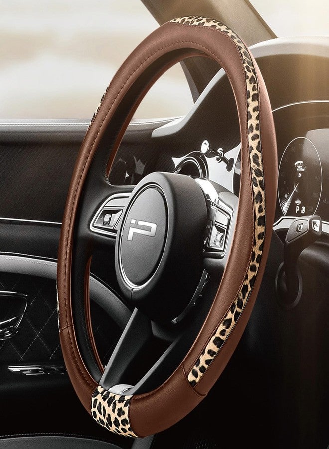 Road Comforts Steering Wheel Cover - Made with PVC Leather and Leopard Fabric - Universal 14 1/2 inches to 15 inches for Most Automotive Steering Wheel - Cheetah Print - Brown - Image 1