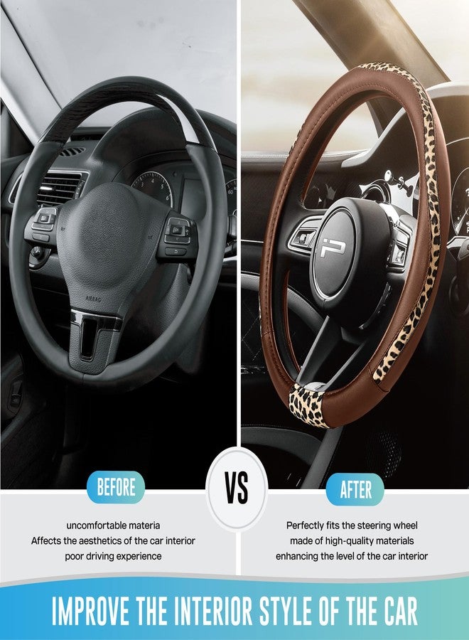 Road Comforts Steering Wheel Cover - Made with PVC Leather and Leopard Fabric - Universal 14 1/2 inches to 15 inches for Most Automotive Steering Wheel - Cheetah Print - Brown - Image 3