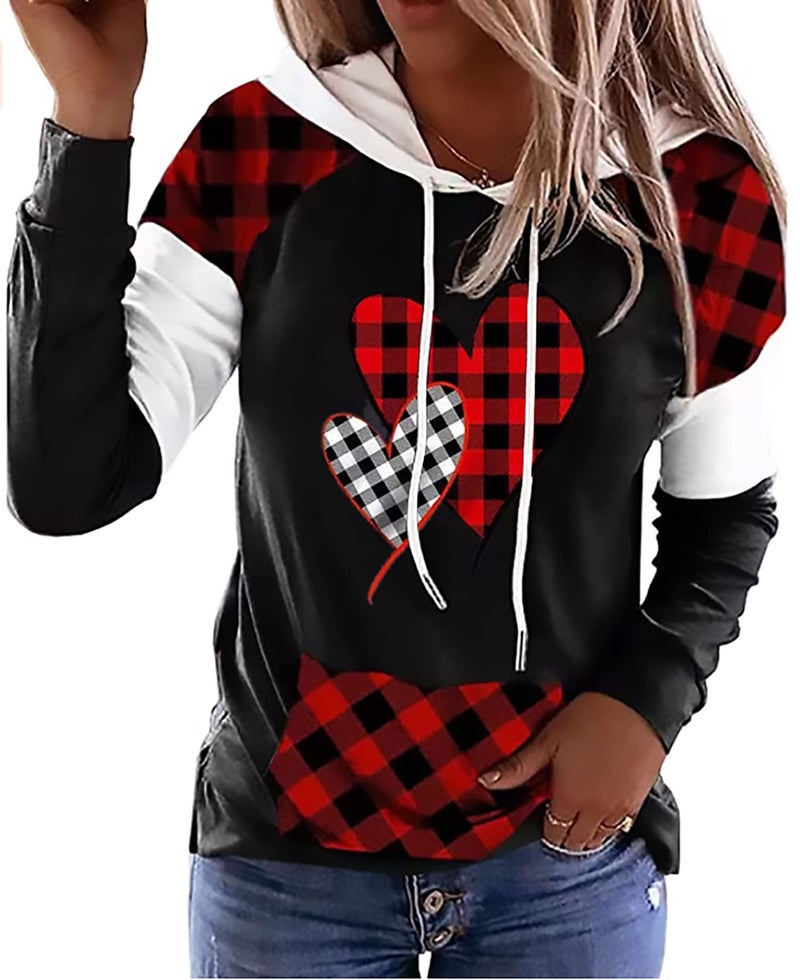 MHTOR Valentines Shirts Women Buffalo Plaid Love Heart Graphic Tees Letter Print Long Sleeve Tops Shirts(Large,Z-Black)