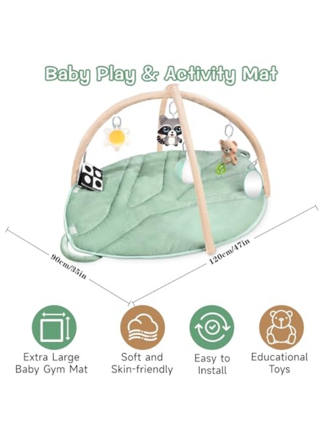 Kids' play mat, large-size tummy time mat for sensory and motor skill development, tree and leaf-shaped activity mat for babies with 6 detachable sensory toys, play gym mat with diaper changing area (green) - Image 4