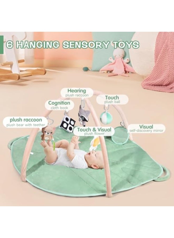 Kids' play mat, large-size tummy time mat for sensory and motor skill development, tree and leaf-shaped activity mat for babies with 6 detachable sensory toys, play gym mat with diaper changing area (green) - Image 2