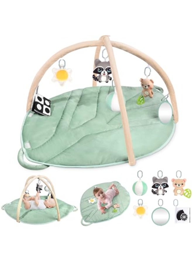 Kids' play mat, large-size tummy time mat for sensory and motor skill development, tree and leaf-shaped activity mat for babies with 6 detachable sensory toys, play gym mat with diaper changing area (green) - Image 1
