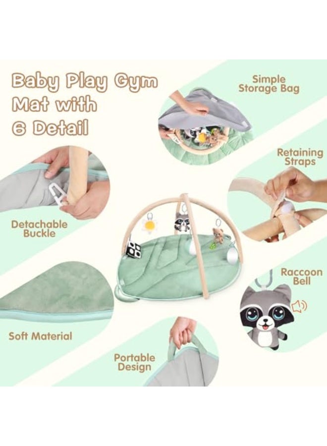 Kids' play mat, large-size tummy time mat for sensory and motor skill development, tree and leaf-shaped activity mat for babies with 6 detachable sensory toys, play gym mat with diaper changing area (green) - Image 5