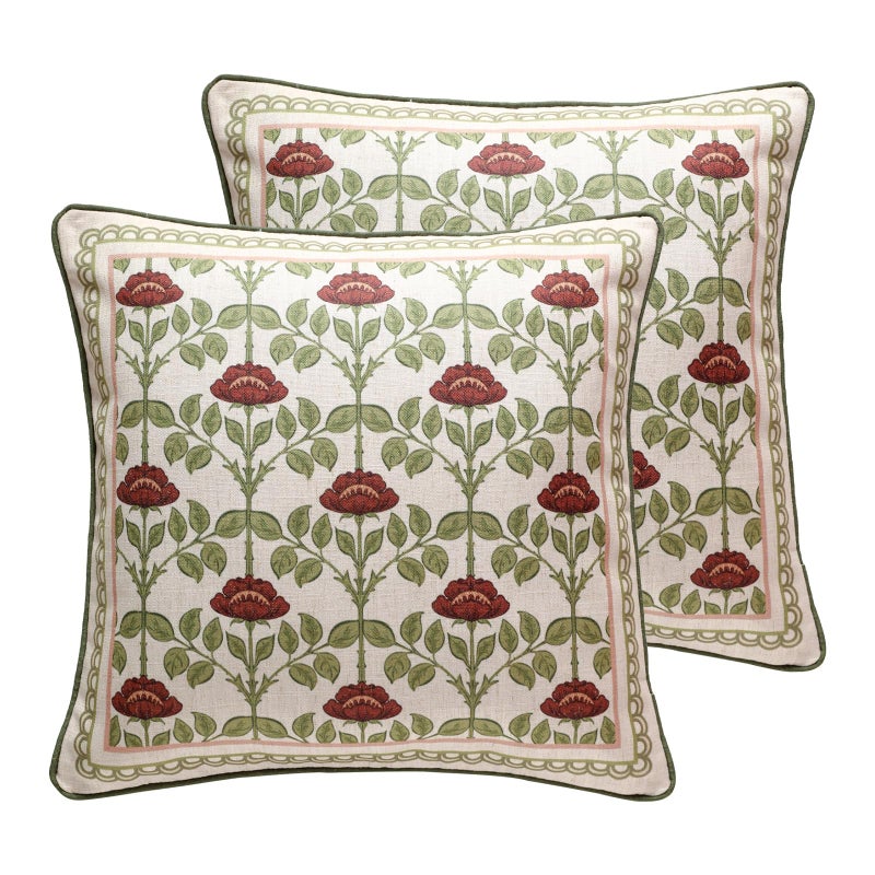 ISAENNE Design Linen Square Throw Pillow Covers 12"x20" Pack of 2, Yellow Green French Cushion Covers with Red Rose Floral Pattern Decoration Pillowcases for Bed, Living Room, Outdoor, Car - Image 1