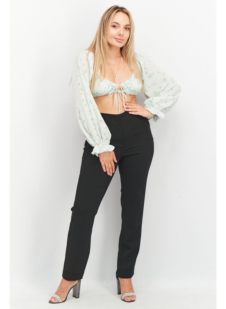 Love Triangle - Women Square Neck Puff Sleeve Floral Top, Mint - Image 1