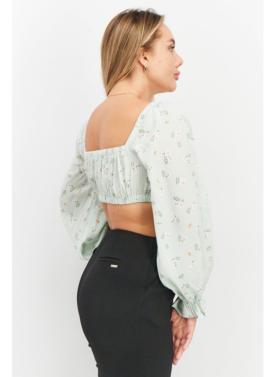 Love Triangle - Women Square Neck Puff Sleeve Floral Top, Mint - Image 1