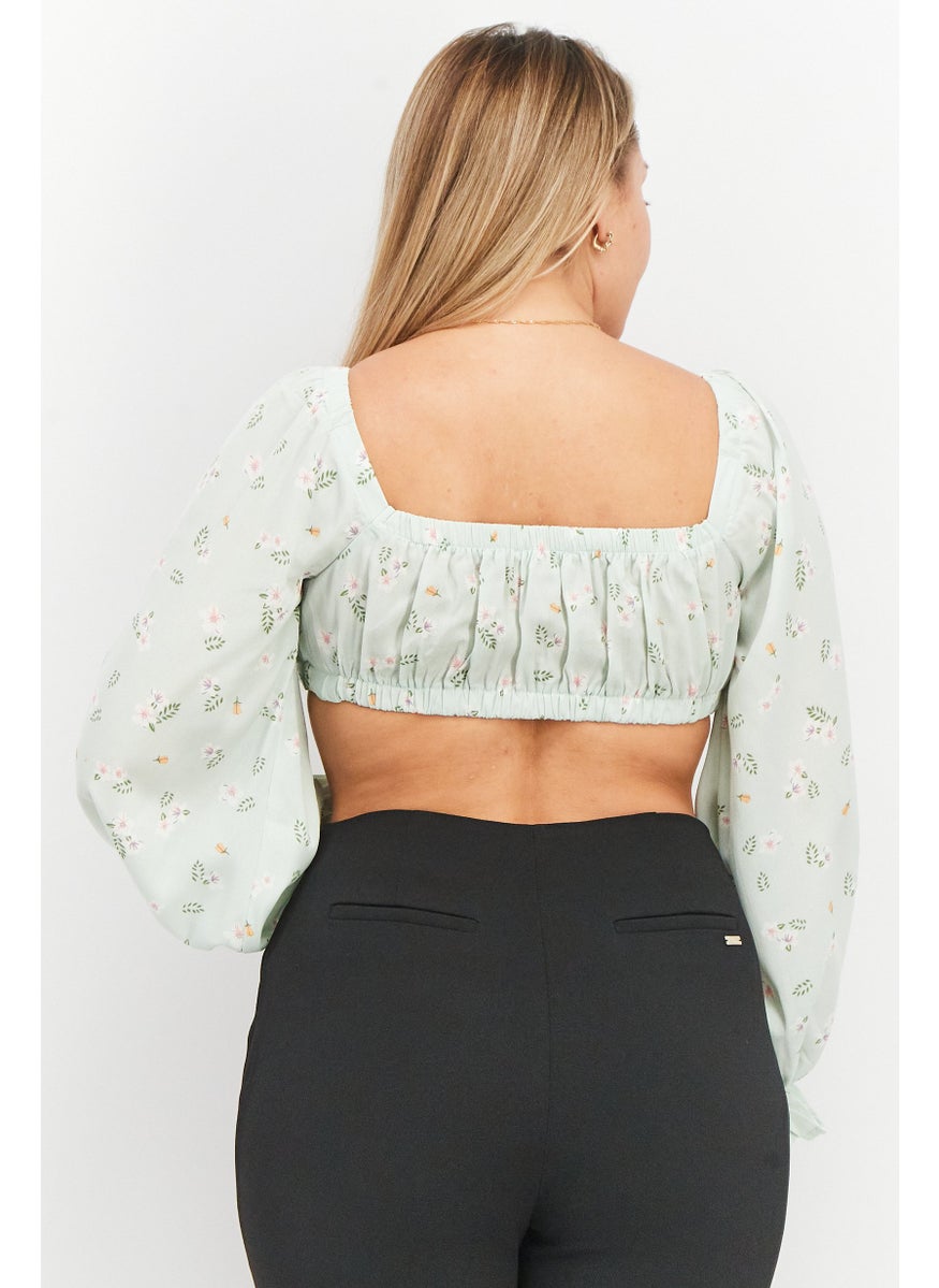 Love Triangle - Women Square Neck Puff Sleeve Floral Top, Mint - Image 1