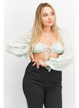 Women Square Neck Puff Sleeve Floral Top, Mint