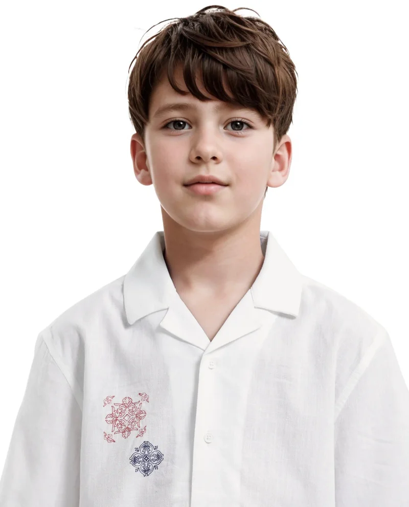 Rare Ones Rare Ones Kids Isla White Cotton Half Sleeve Embroidered Button Closure Regular Fit Shirt