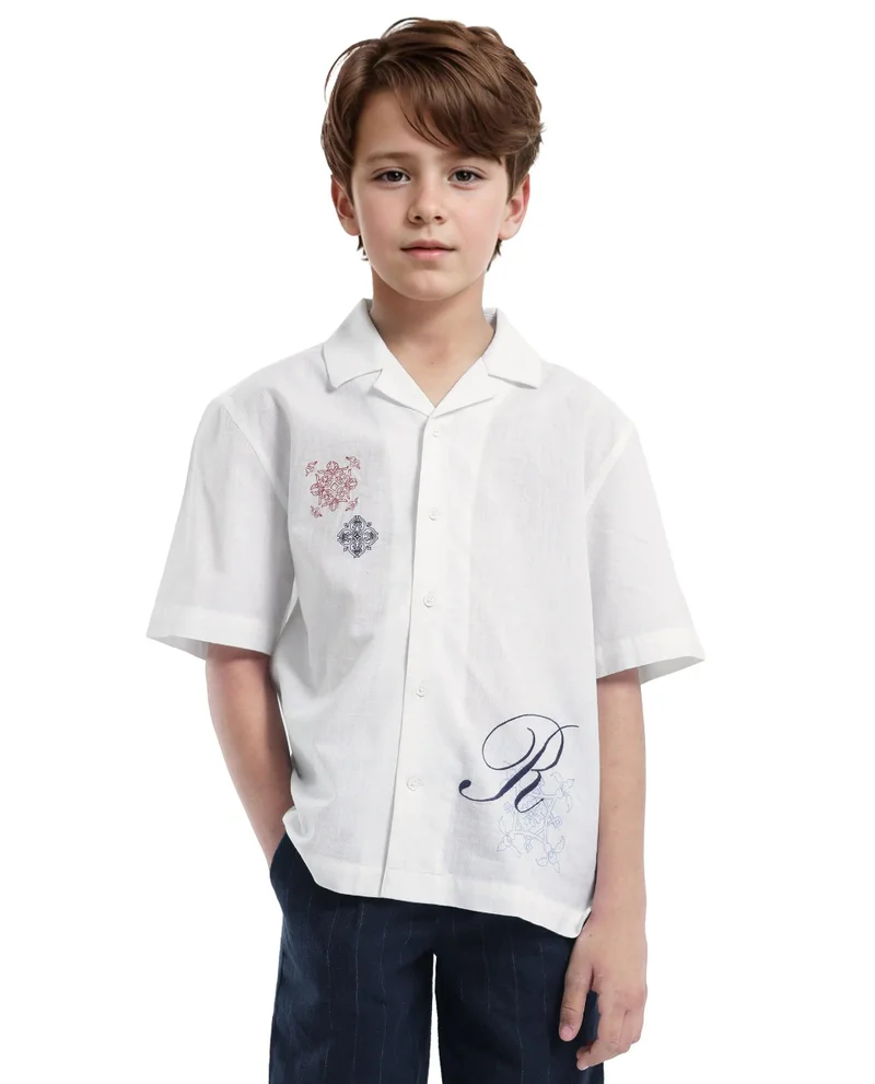 Rare Ones Rare Ones Kids Isla White Cotton Half Sleeve Embroidered Button Closure Regular Fit Shirt