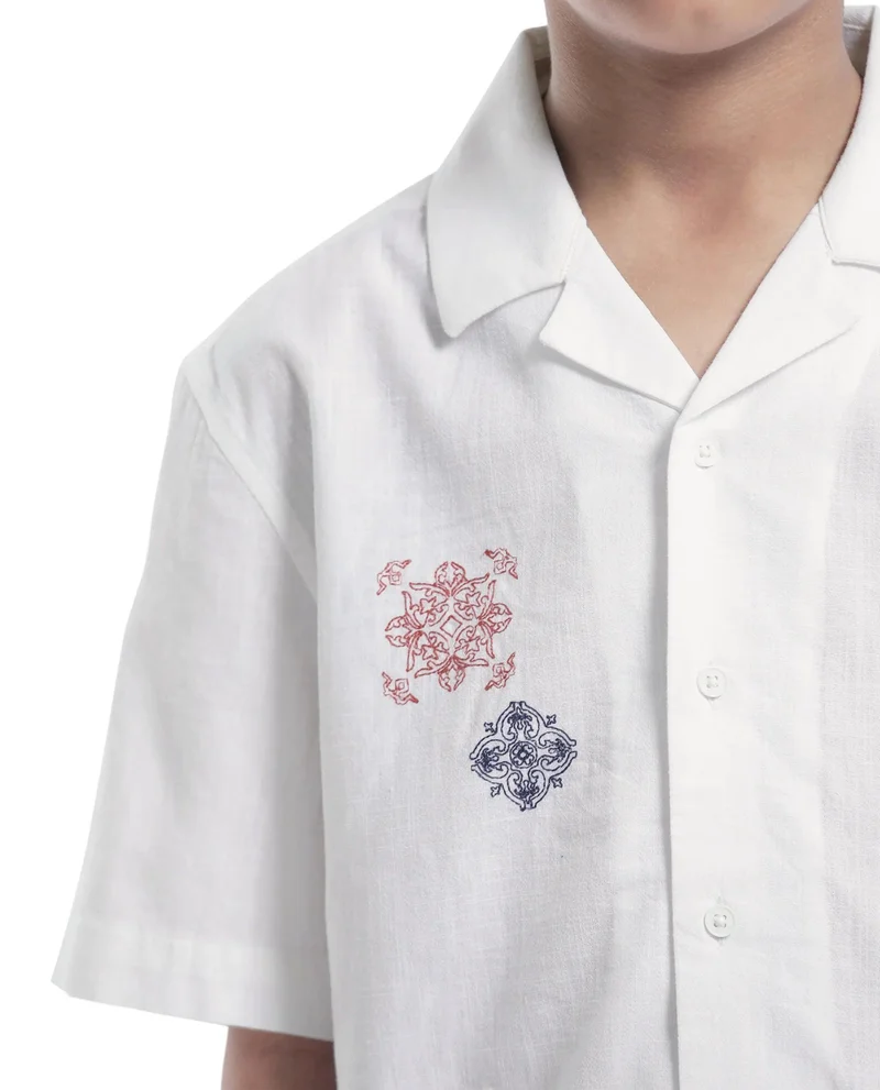 Rare Ones Rare Ones Kids Isla White Cotton Half Sleeve Embroidered Button Closure Regular Fit Shirt