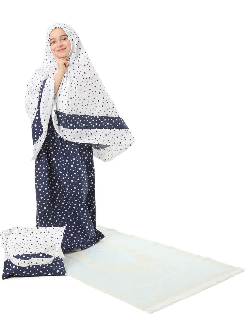 إلانيسا  Girl Child's Prayer Dress 4-Piece With Prayer Rug and Bag Larci Blue Star Printed Belt Pattern