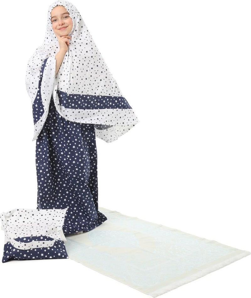 Elanesa  Girl Child's Prayer Dress 4-Piece With Prayer Rug and Bag Larci Blue Star Printed Belt Pattern  - Image 1