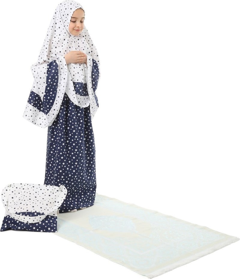 Elanesa  Girl Child's Prayer Dress 4-Piece With Prayer Rug and Bag Larci Blue Star Printed Belt Pattern  - Image 3