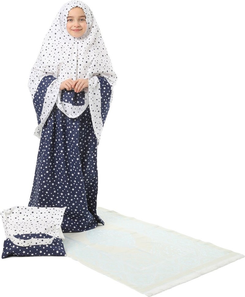Elanesa  Girl Child's Prayer Dress 4-Piece With Prayer Rug and Bag Larci Blue Star Printed Belt Pattern  - Image 2