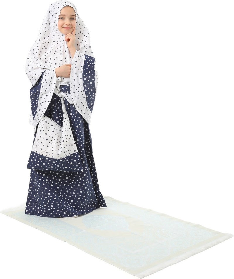 Elanesa  Girl Child's Prayer Dress 4-Piece With Prayer Rug and Bag Larci Blue Star Printed Belt Pattern  - Image 4