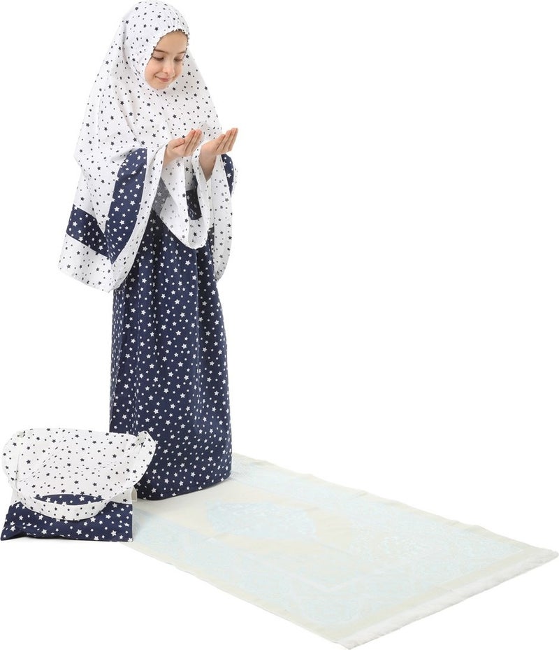 Elanesa  Girl Child's Prayer Dress 4-Piece With Prayer Rug and Bag Larci Blue Star Printed Belt Pattern  - Image 5