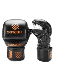 Sanabul  Essential 7 oz MMA Gloves Men & Women | Gloves for Martial Arts Sparring & Training Gloves | Hybrid MMA Kick Boxing Gloves Men | Grappling Gloves (Black/Copper, Small/Medium)  - Image 1