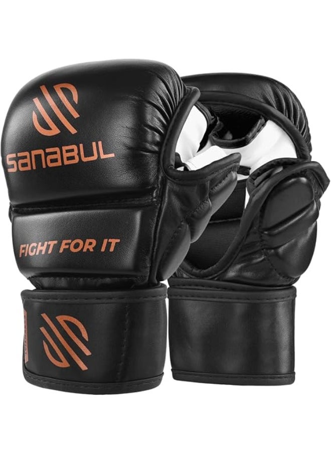 Sanabul  Essential 7 oz MMA Gloves Men & Women | Gloves for Martial Arts Sparring & Training Gloves | Hybrid MMA Kick Boxing Gloves Men | Grappling Gloves (Black/Copper, Small/Medium)  - Image 1
