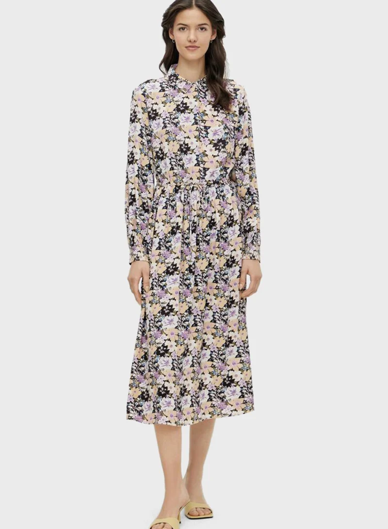 PIECES Floral Print Midi Shirt Dress