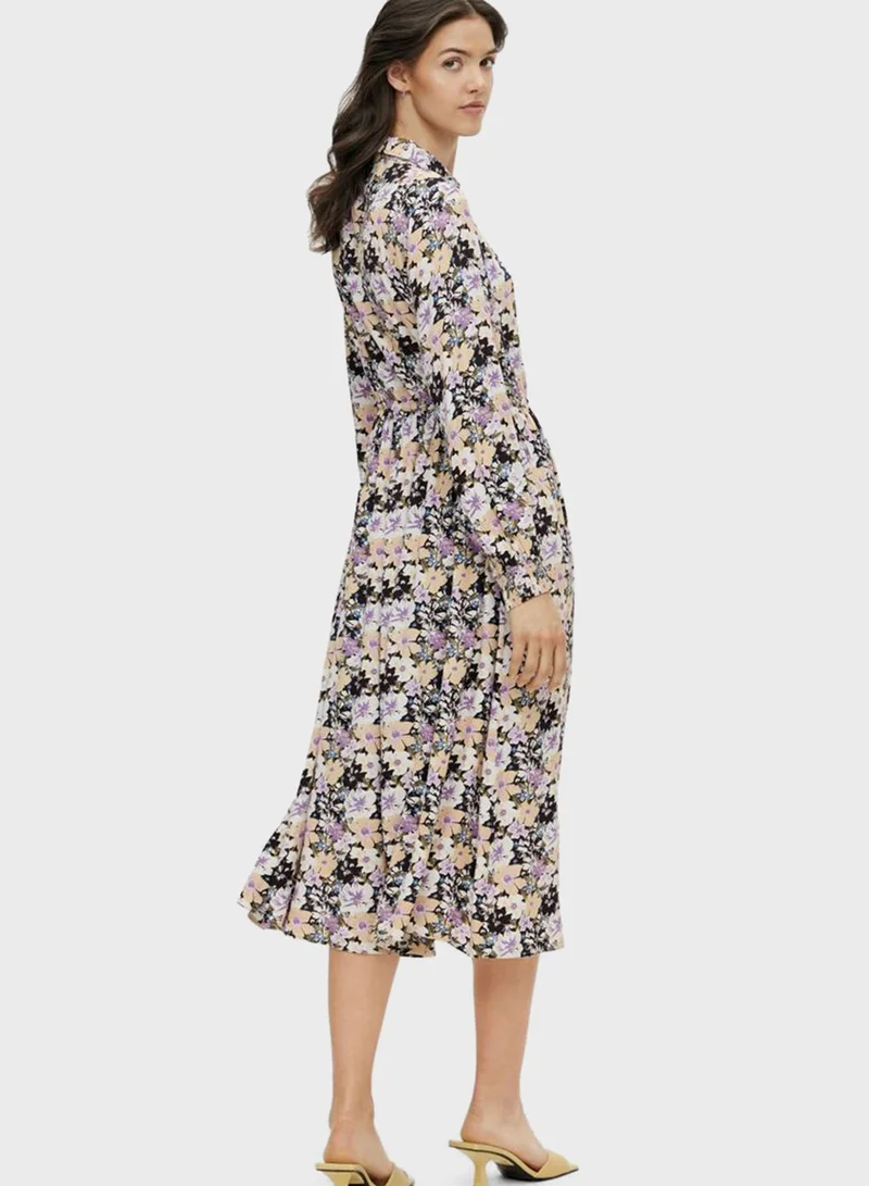 PIECES Floral Print Midi Shirt Dress