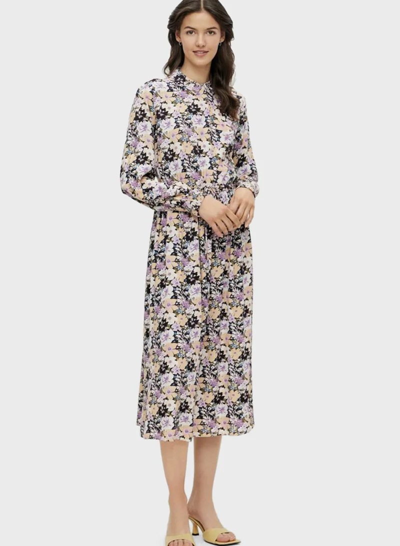 PIECES Floral Print Midi Shirt Dress