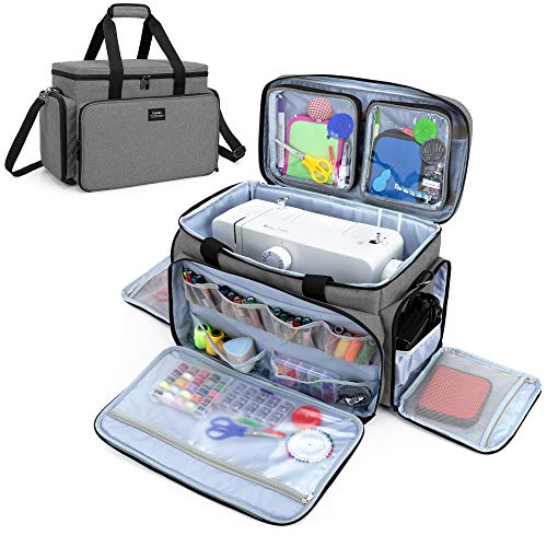 CURMIO Sewing Machine Carrying Case for Most Standard Sewing Machine, Universal Travel Tote Bag with 2 Removable Transparent Zipper Pouches for Sewing Supplies, Gray (Patented Design) - Image 1