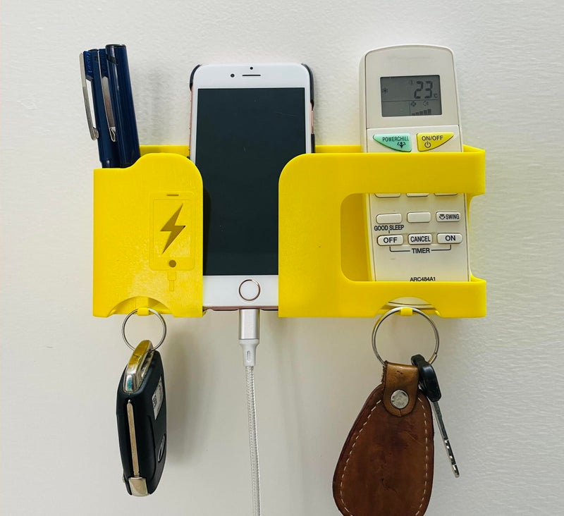GEOCARTER Strong Self-Adhesive 5-in-1 Wall Mobile Holder with Key Hooks, Remote Stand & Charging Space – Multipurpose Wall Organizer Yellow - Pack of 1 - Image 1