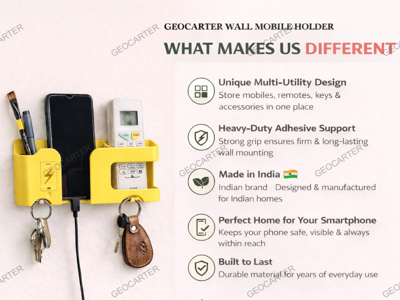 GEOCARTER Strong Self-Adhesive 5-in-1 Wall Mobile Holder with Key Hooks, Remote Stand & Charging Space – Multipurpose Wall Organizer Yellow - Pack of 1 - Image 3