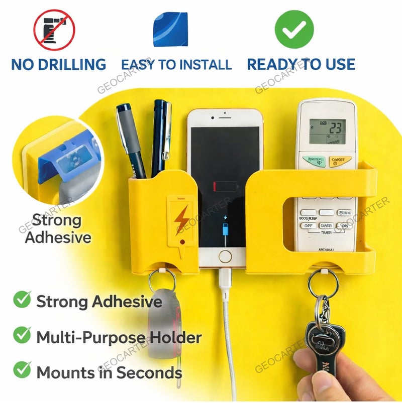 GEOCARTER Strong Self-Adhesive 5-in-1 Wall Mobile Holder with Key Hooks, Remote Stand & Charging Space – Multipurpose Wall Organizer Yellow - Pack of 1 - Image 5