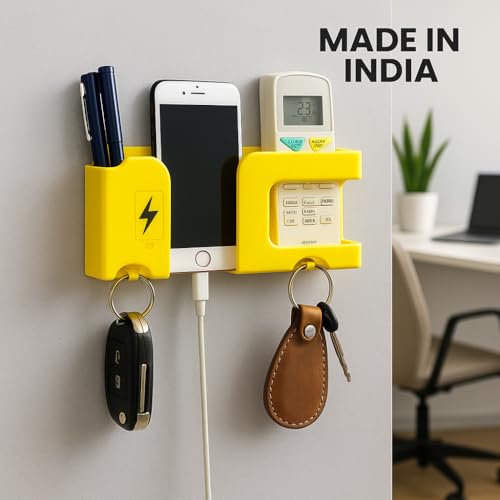 GEOCARTER Strong Self-Adhesive 5-in-1 Wall Mobile Holder with Key Hooks, Remote Stand & Charging Space – Multipurpose Wall Organizer Yellow - Pack of 1 - Image 2