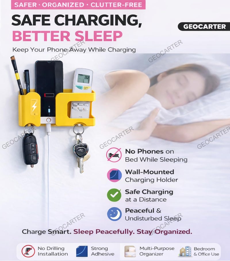 GEOCARTER Strong Self-Adhesive 5-in-1 Wall Mobile Holder with Key Hooks, Remote Stand & Charging Space – Multipurpose Wall Organizer Yellow - Pack of 1 - Image 4