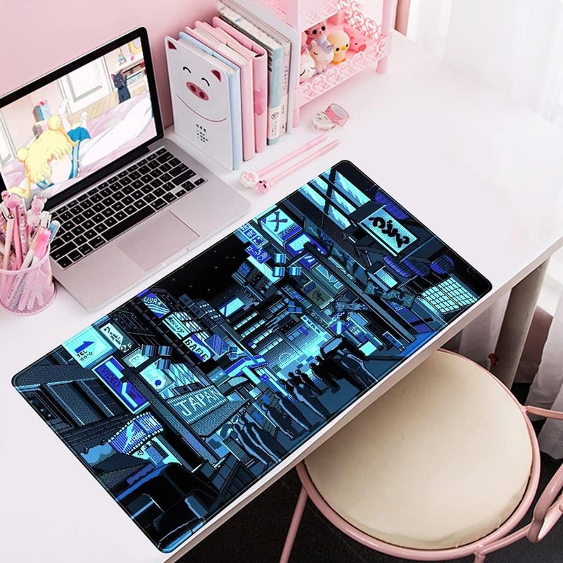 Mechanical Cattle Japanese Gaming Arcade Blue Large Gaming Mouse Pad Keyboard Desk Pad Extended Mouse Pad Gaming Office Decor, Pc Laptop Mouse Pads Large (31.5x15.7 in) with Stitched Eges Non-Slip Base Mousepad XXL - Image 5