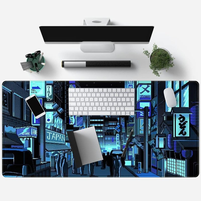 Mechanical Cattle Japanese Gaming Arcade Blue Large Gaming Mouse Pad Keyboard Desk Pad Extended Mouse Pad Gaming Office Decor, Pc Laptop Mouse Pads Large (31.5x15.7 in) with Stitched Eges Non-Slip Base Mousepad XXL - Image 4