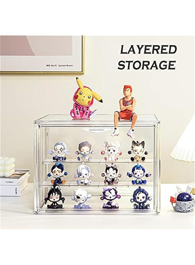 Clear Acrylic Display Case,3 Tier Display Shelf with 2 Movable Plate, Stackable Protection Showcase for Action Figures, Display Storage Box Countertop with Magnetic Door