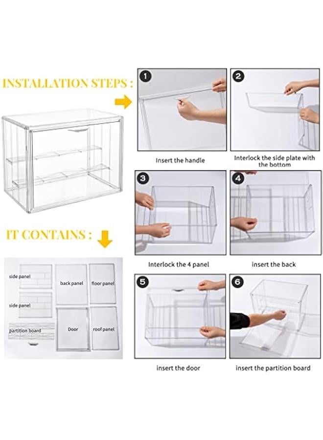 Clear Acrylic Display Case,3 Tier Display Shelf with 2 Movable Plate, Stackable Protection Showcase for Action Figures, Display Storage Box Countertop with Magnetic Door